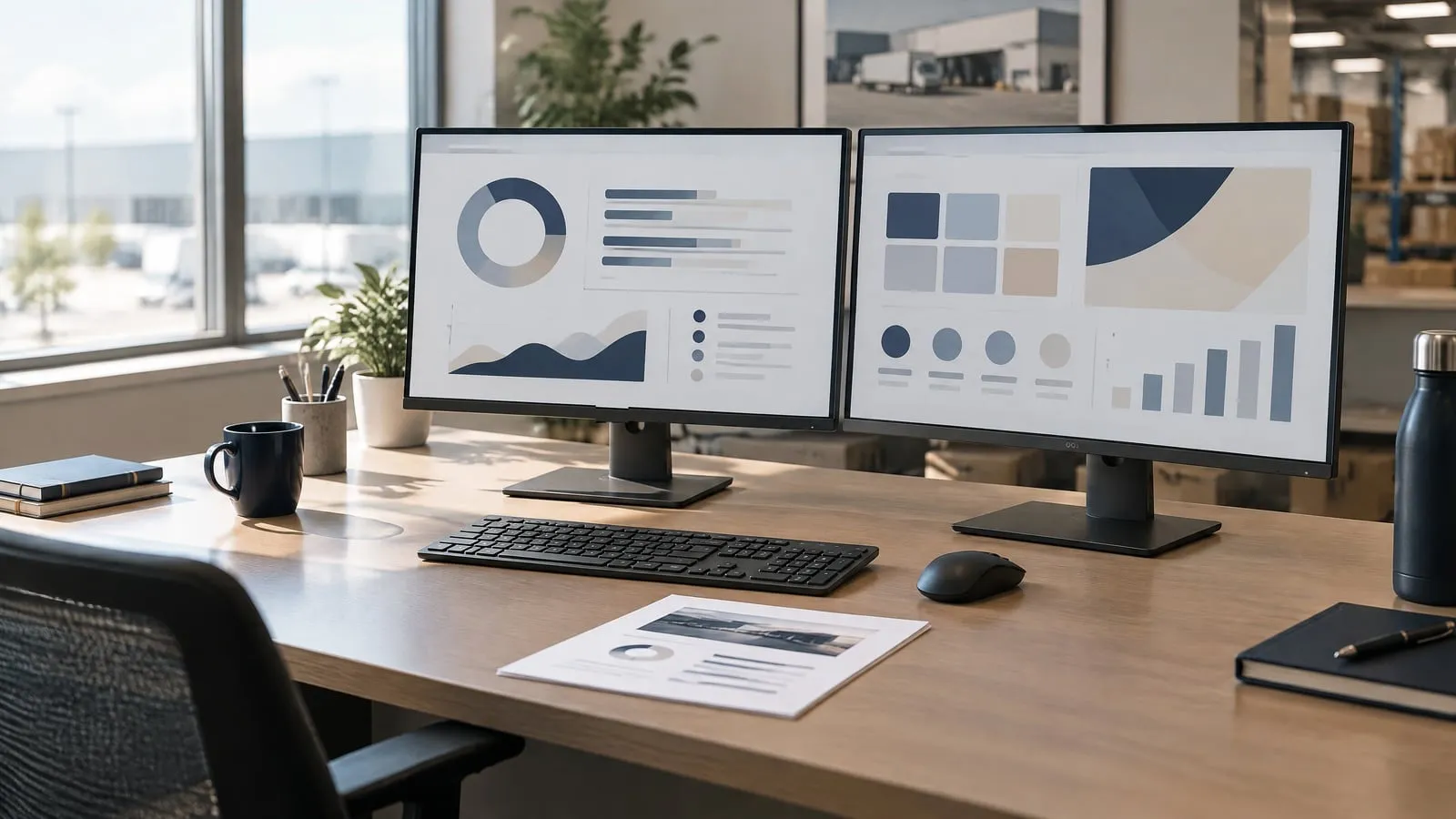A tidy desk with two monitors showing abstract dashboard panels, a keyboard, and a printed report between them