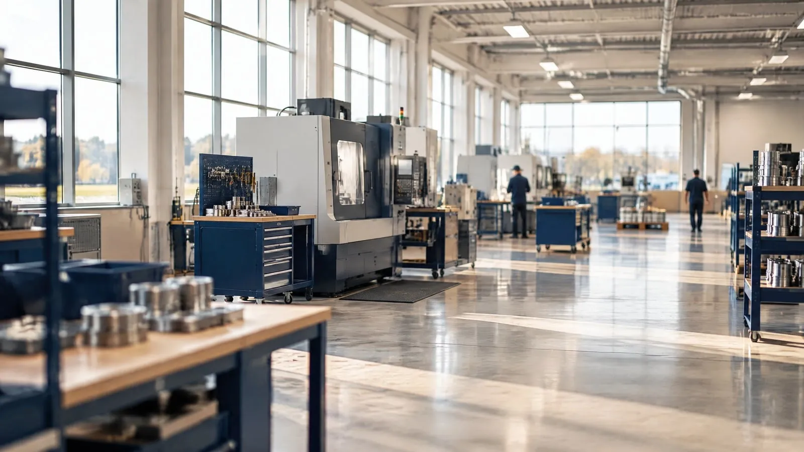 A wide view of a clean light-manufacturing floor with machining centers, tool carts and two workers in the distance