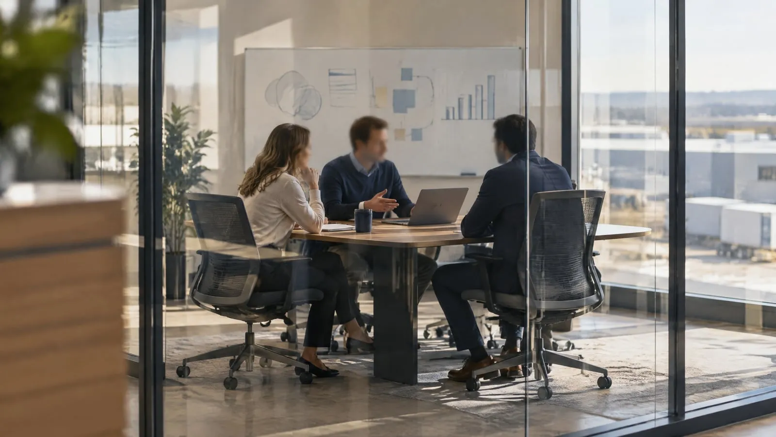Three colleagues in a glass-walled meeting room discuss something on a laptop, a whiteboard of sketches behind them