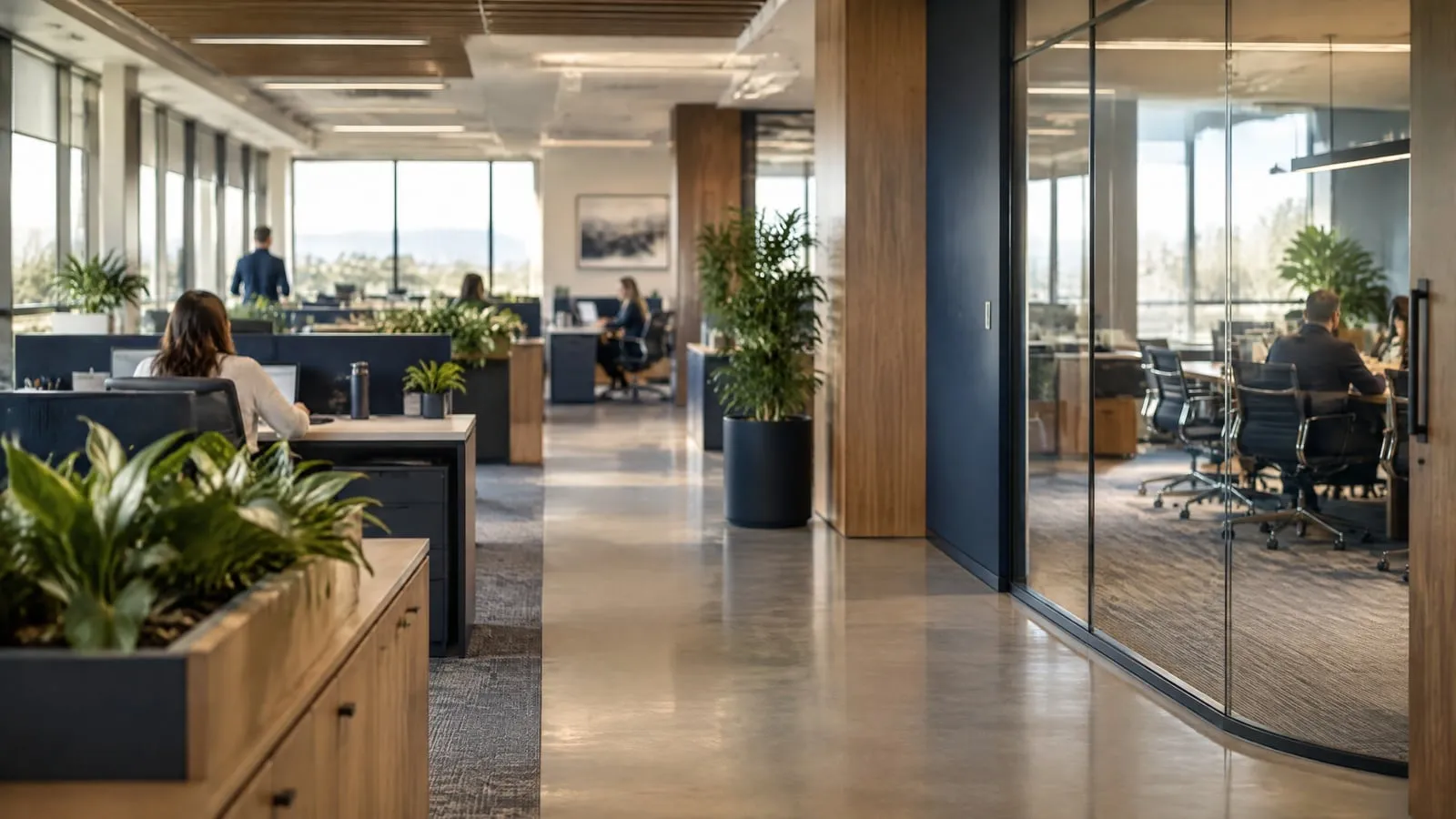 A warm, well-kept open office with desks, plants and a glass-walled meeting room, a few people at work in the distance